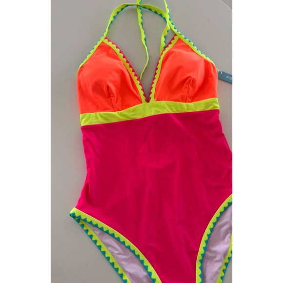 Popvil Neon Color Block One Piece Bathing Suit Women Tummy Control swimsuit L - Picture 6 of 15